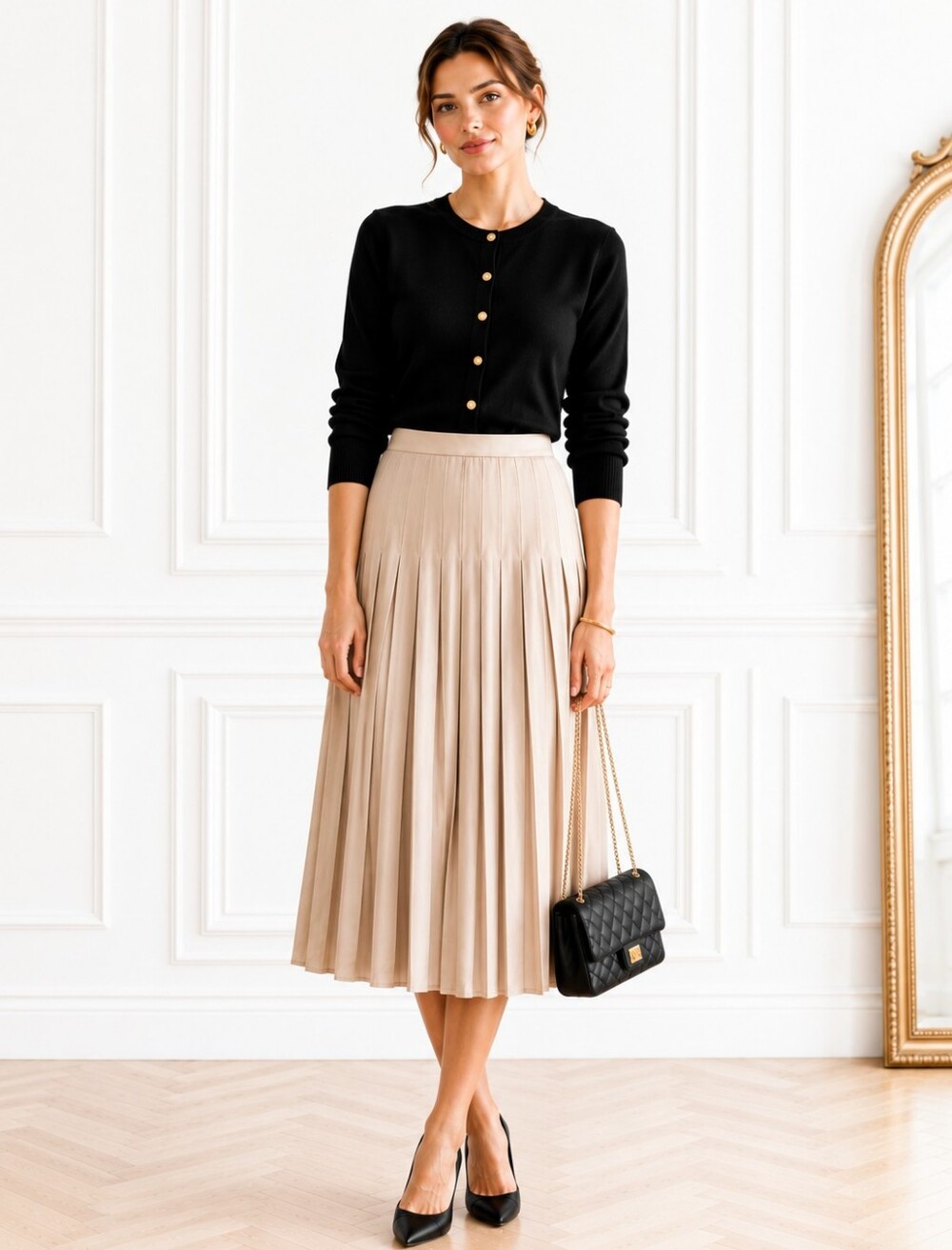 Rachel Zoe | Champagne Pleated Midi Skirt Size Medium | Satin A-Line